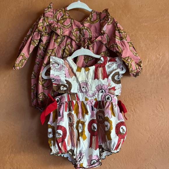 Pink Chicken Pretzel Print & Horse Show Ribbon Bubble Romper Bundle 3-6M